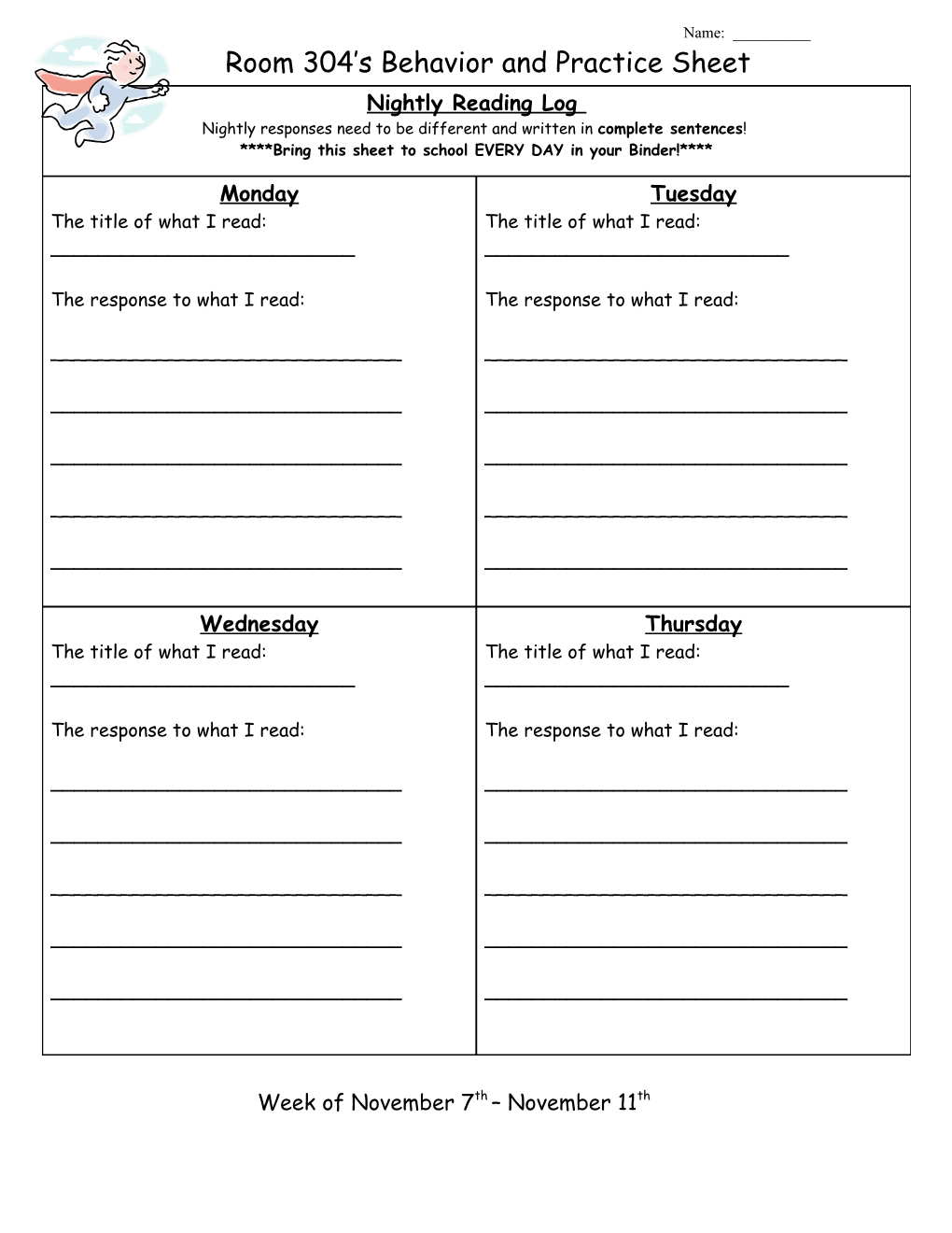 Room 304 S Behavior and Practice Sheet