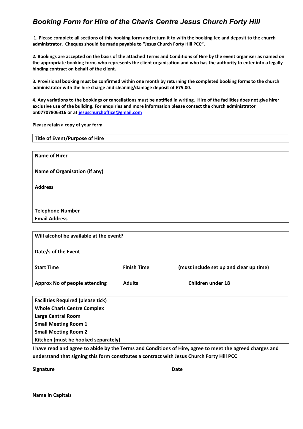 Booking Form for Hire of the Charis Centre Jesus Church Forty Hill