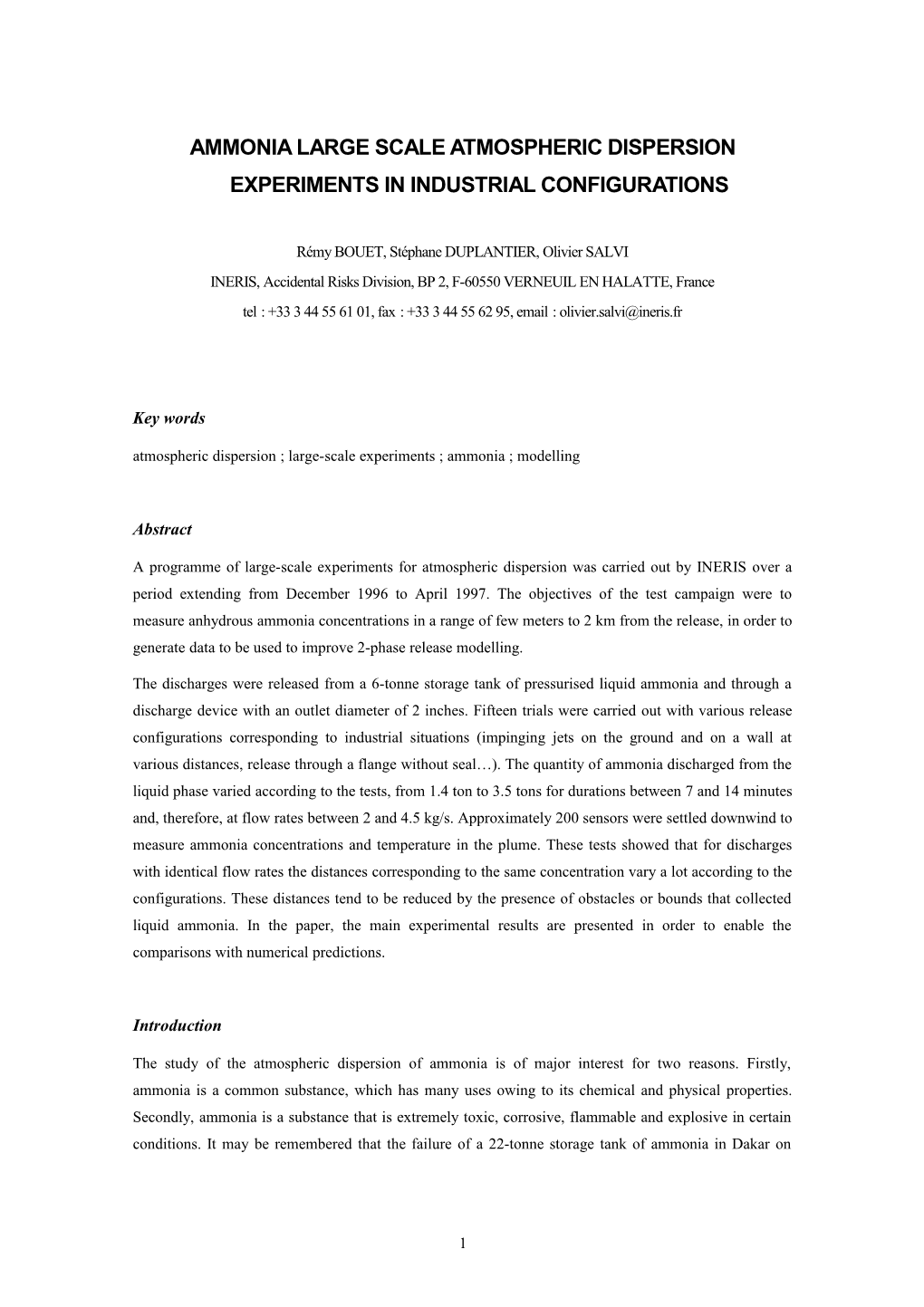 Ammonia Large Scale Atmospheric Dispersion Experiments in Industrial Configurations