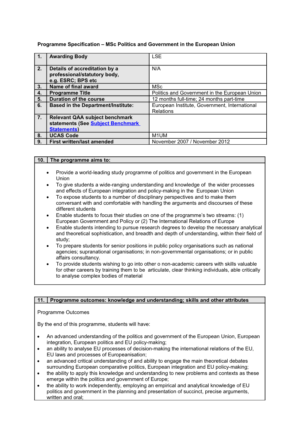 Programme Specification Msc Politics and Government in the European Union