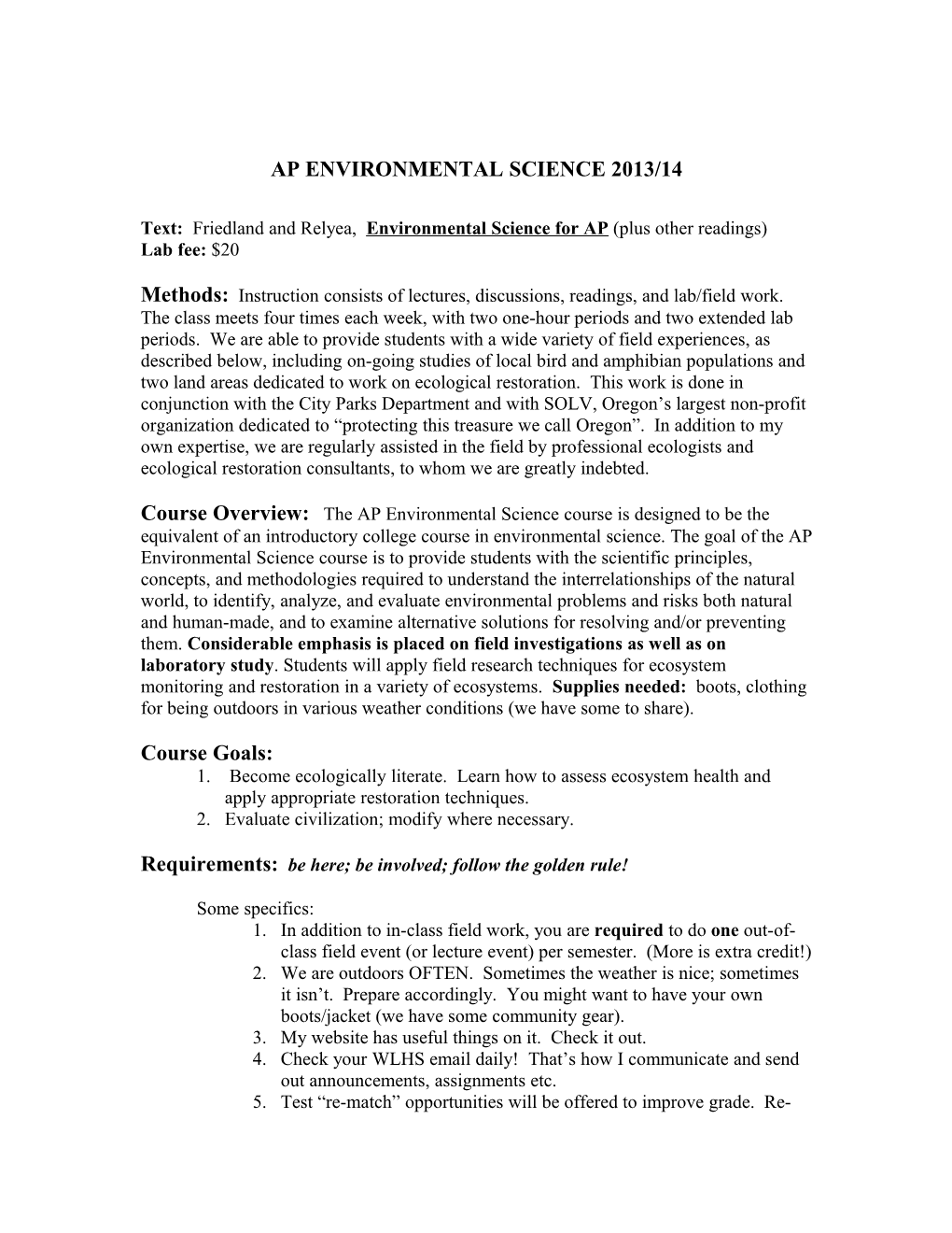 Ap Environmental Science 2013/14