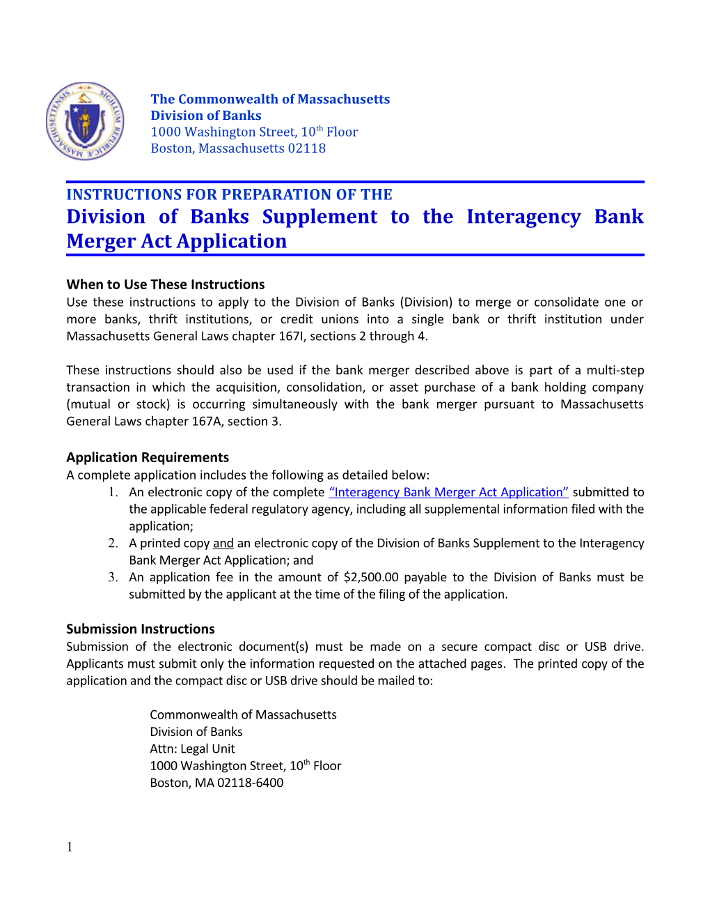 Division of Banks Supplement to the Interagency Bank Merger Actapplication