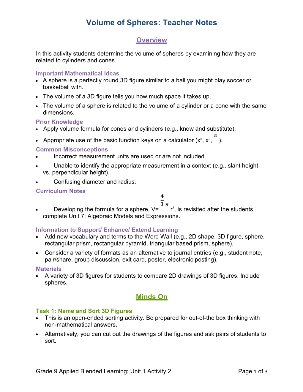 Volume of Spheres: Teacher Notes