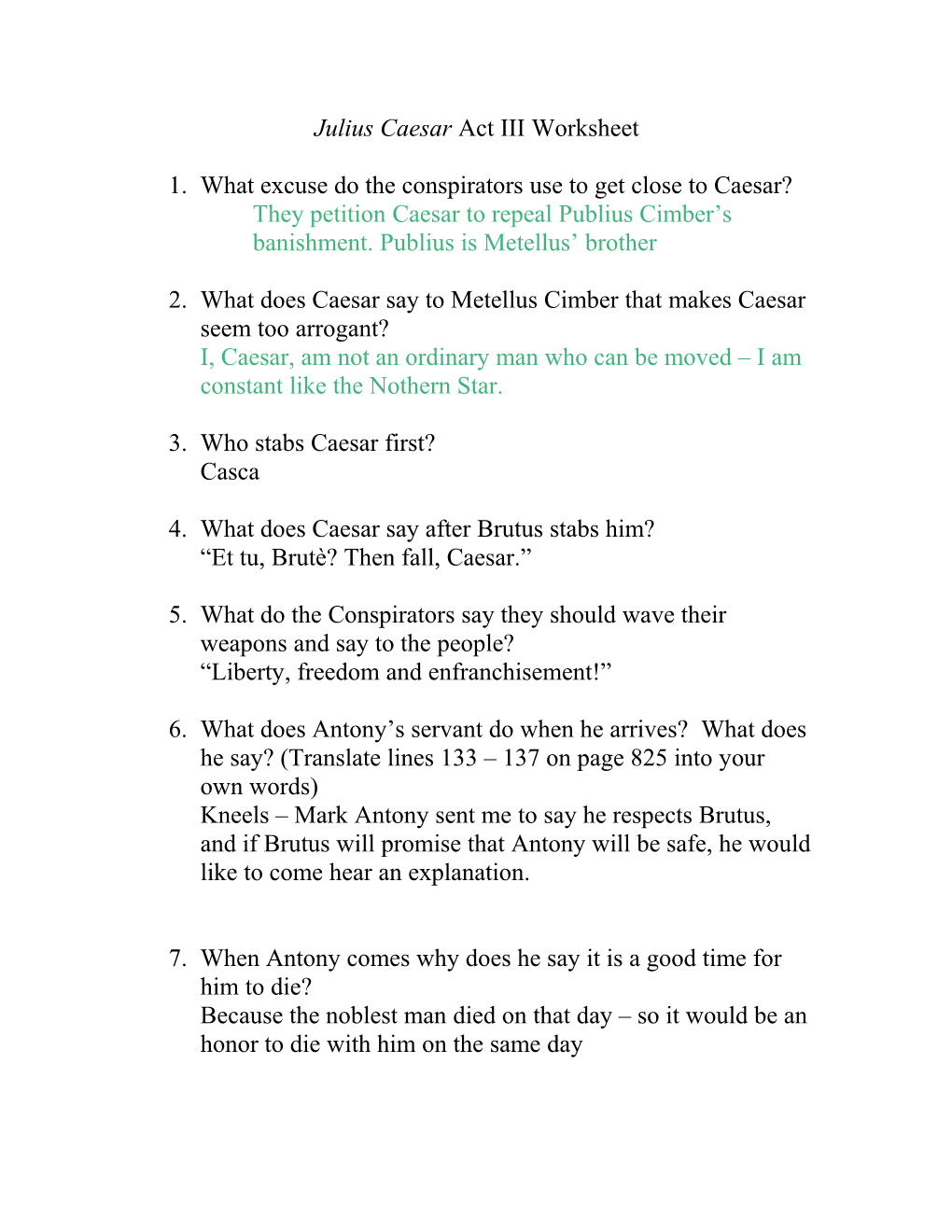 Julius Caesar Act III Worksheet