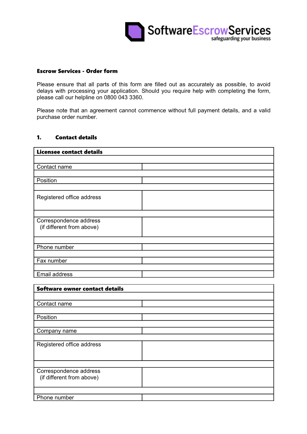 Escrow Services - Order Form