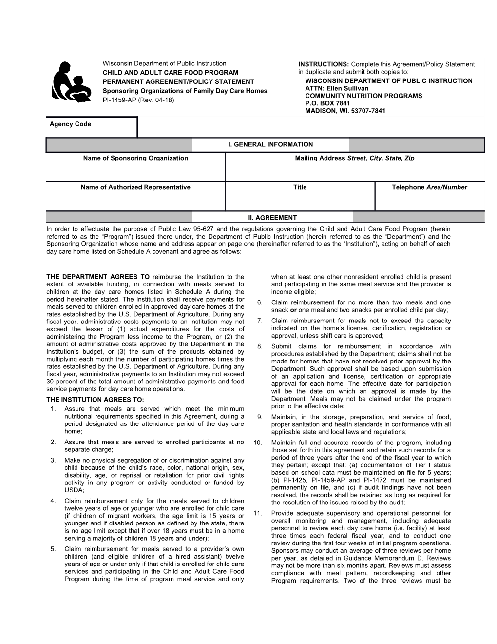 CACFP Permanet Agreement/Policy Statement