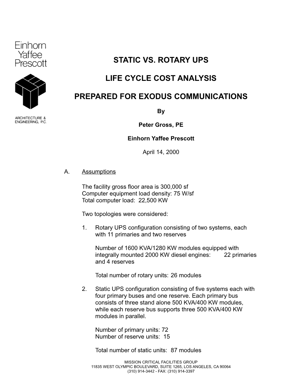 Rotary Vs. Static UPS Operating Costs Analysis