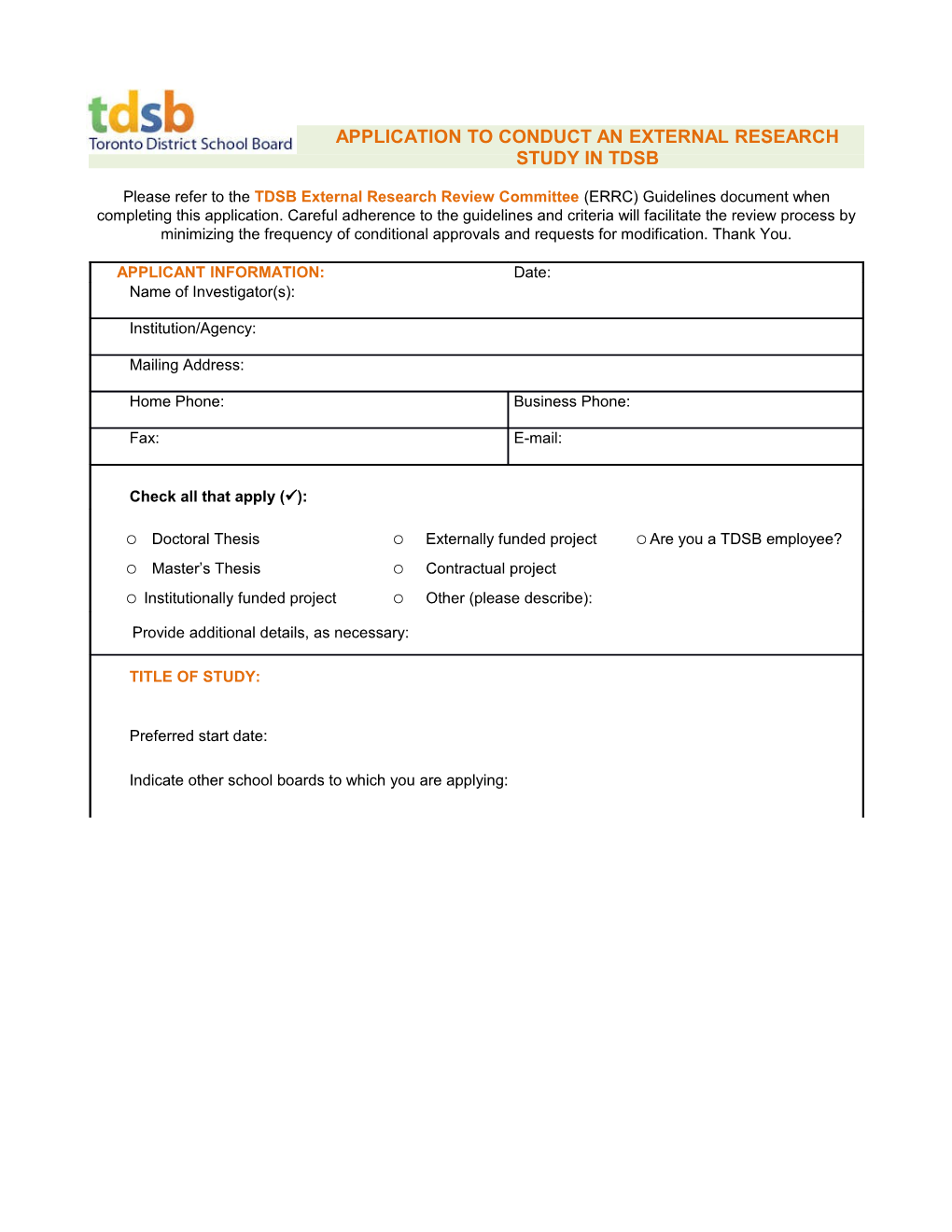 Application to Conduct an External Research Study in Tdsb