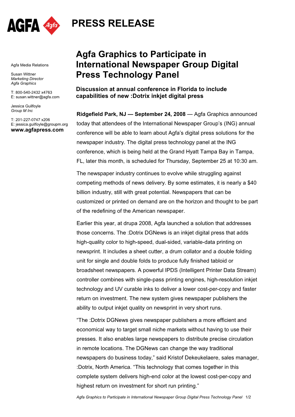 Agfa Graphics to Participate in International Newspaper Group Digital Press Technology Panel