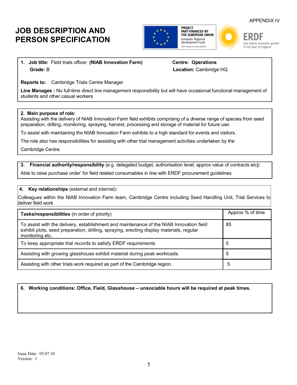 Appendix IV - Job Description & Person Specification