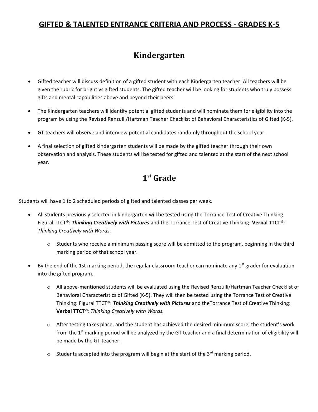 Gifted & Talentedentrance Criteria and Process -Grades K-5