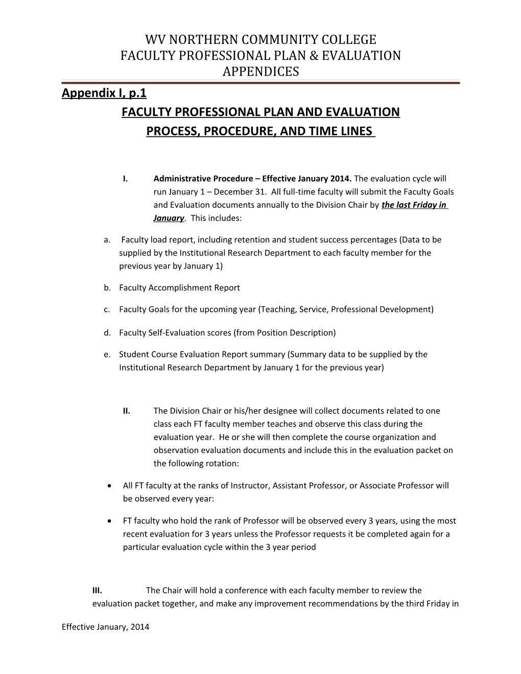 Wv Northern Community College Faculty Professional Plan & Evaluation Appendices