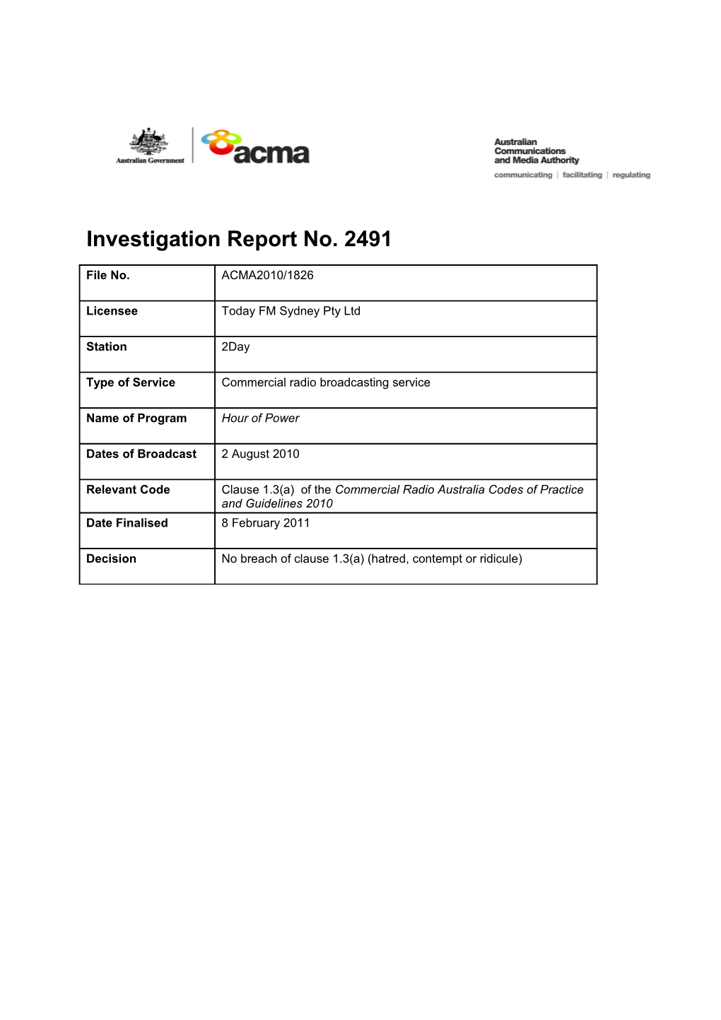 2DAY - ACMA Investigation Report 2491