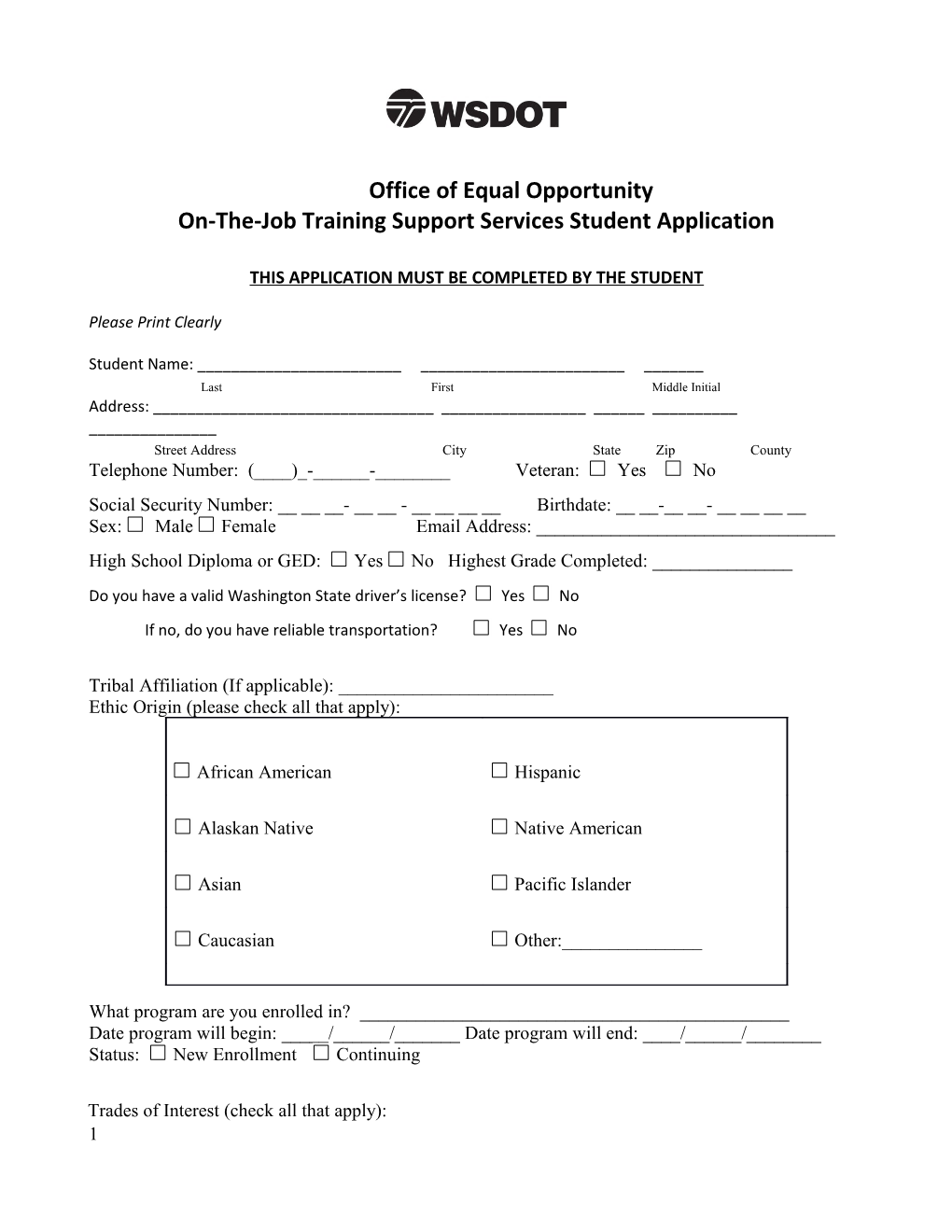 WSDOT - Student Application