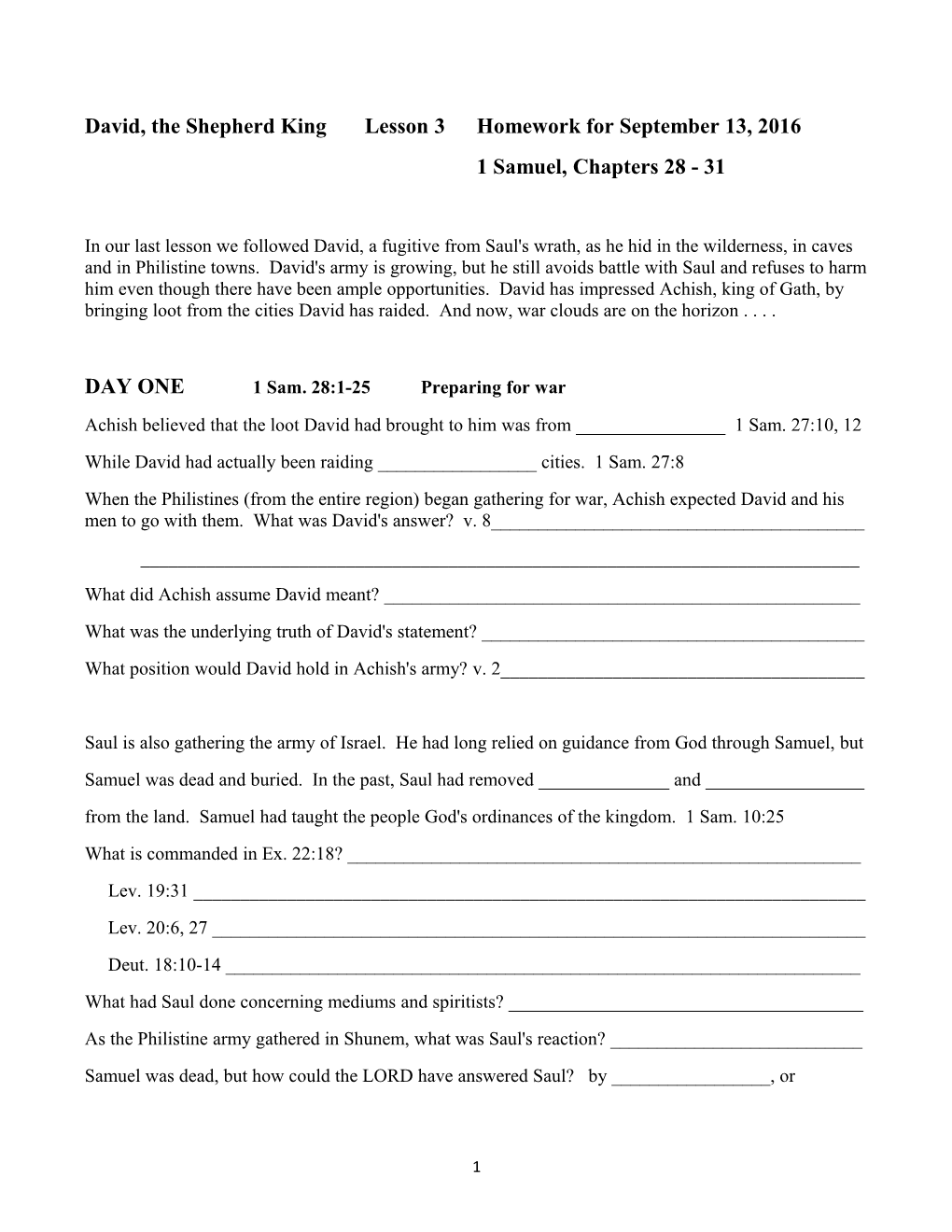 David, the Shepherd Kinglesson 3Homework for September 13, 2016