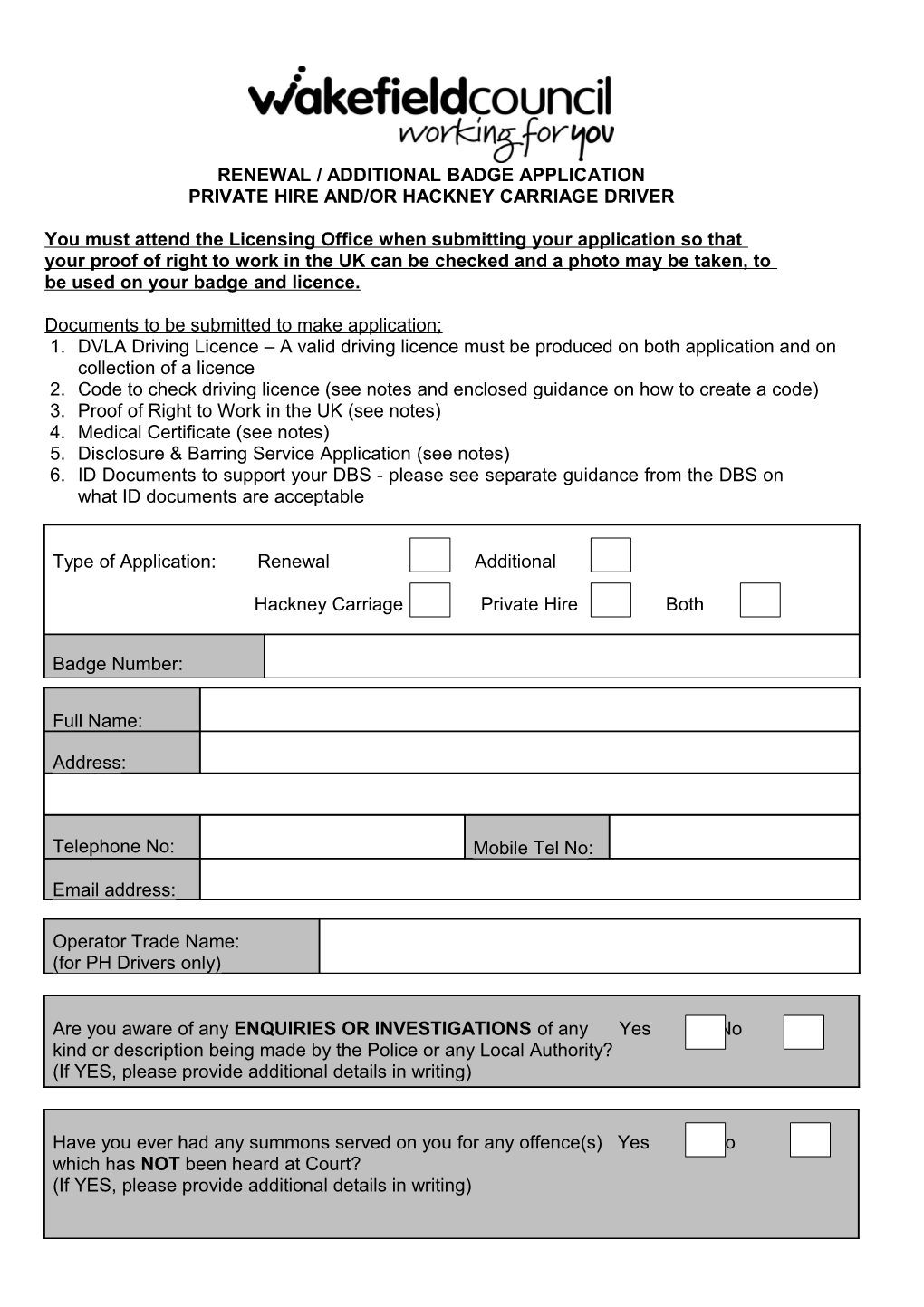Private Hire Driver Application Renewal Form