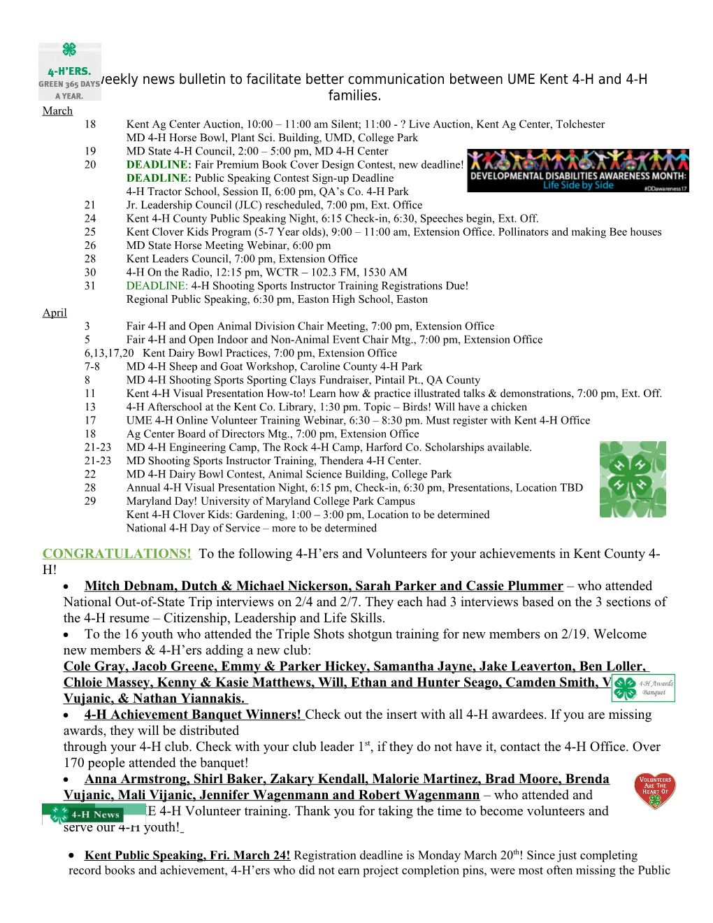 A Bi-Weekly News Bulletin to Facilitate Better Communication Between UME Kent 4-H and 4-H