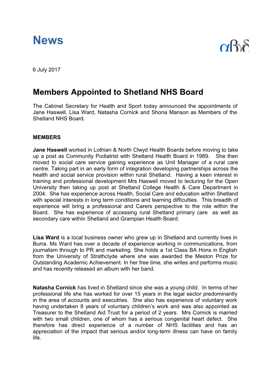 Membersappointed to Shetland NHS Board