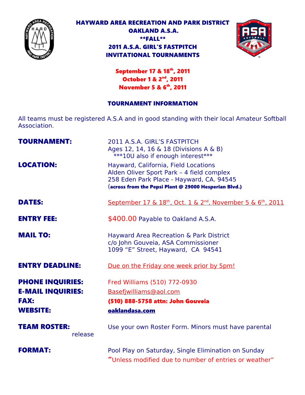Tourney Rules - Slowpitch