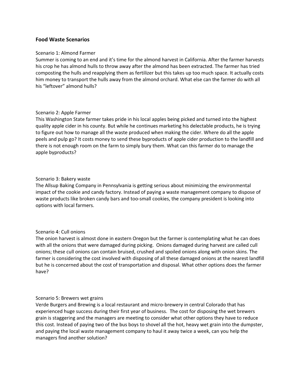 Food Waste Scenarios