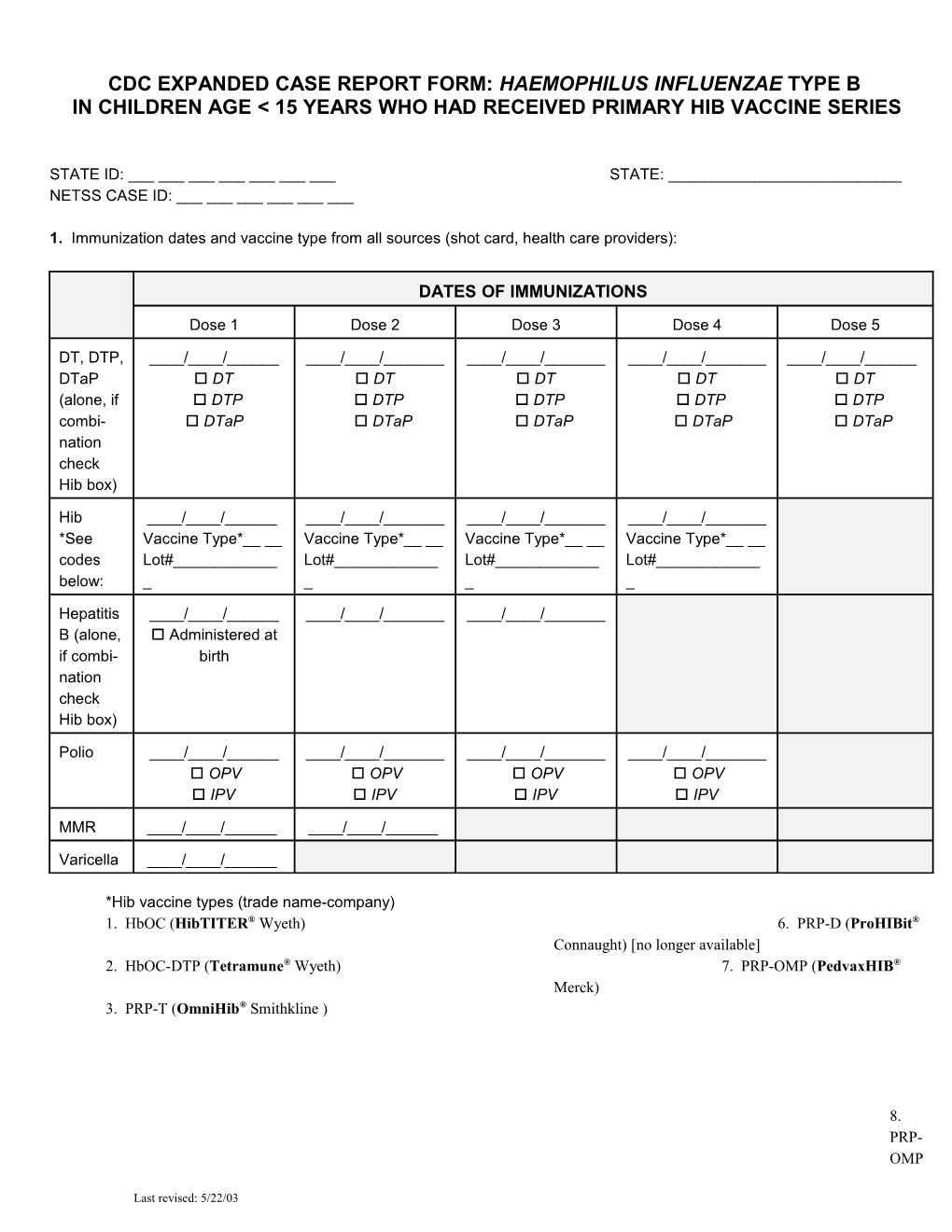 Cdc Expanded Case Report Form: Haemophilus Influenzae Type B