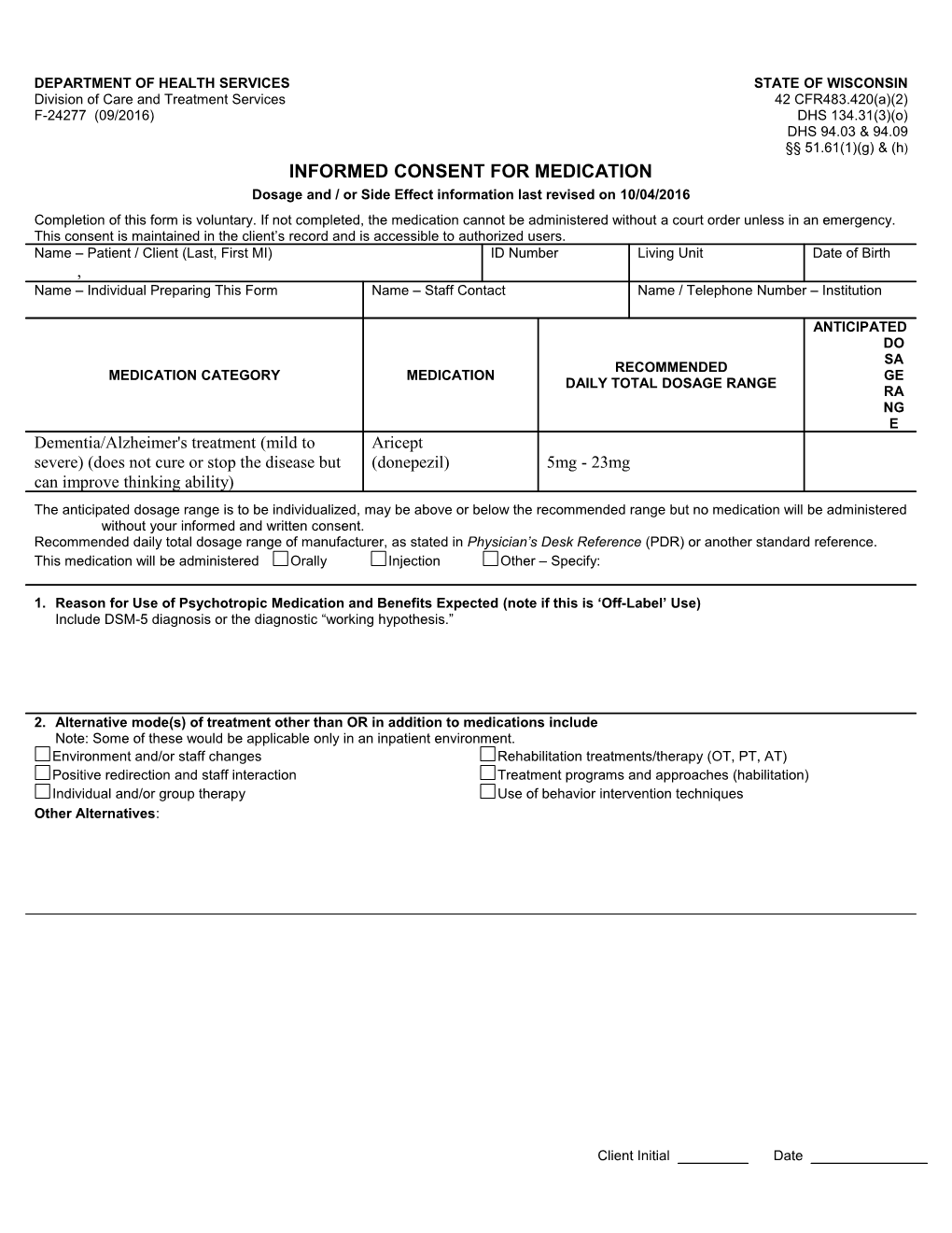 Informed Consent for Medication - Aricept - (Donepezil)