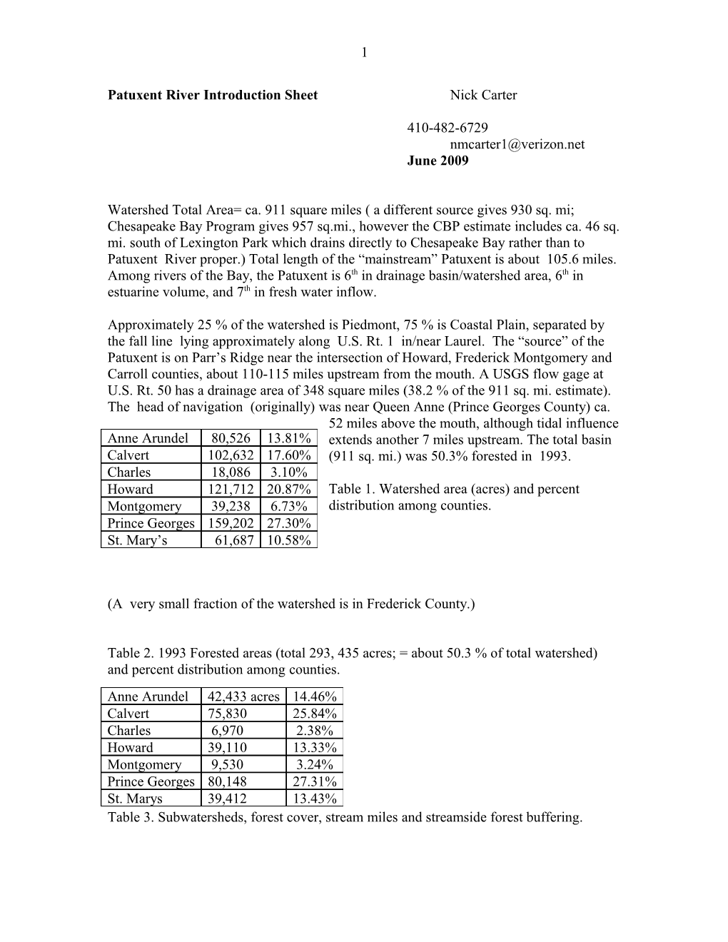 Patuxent River Introduction Sheet