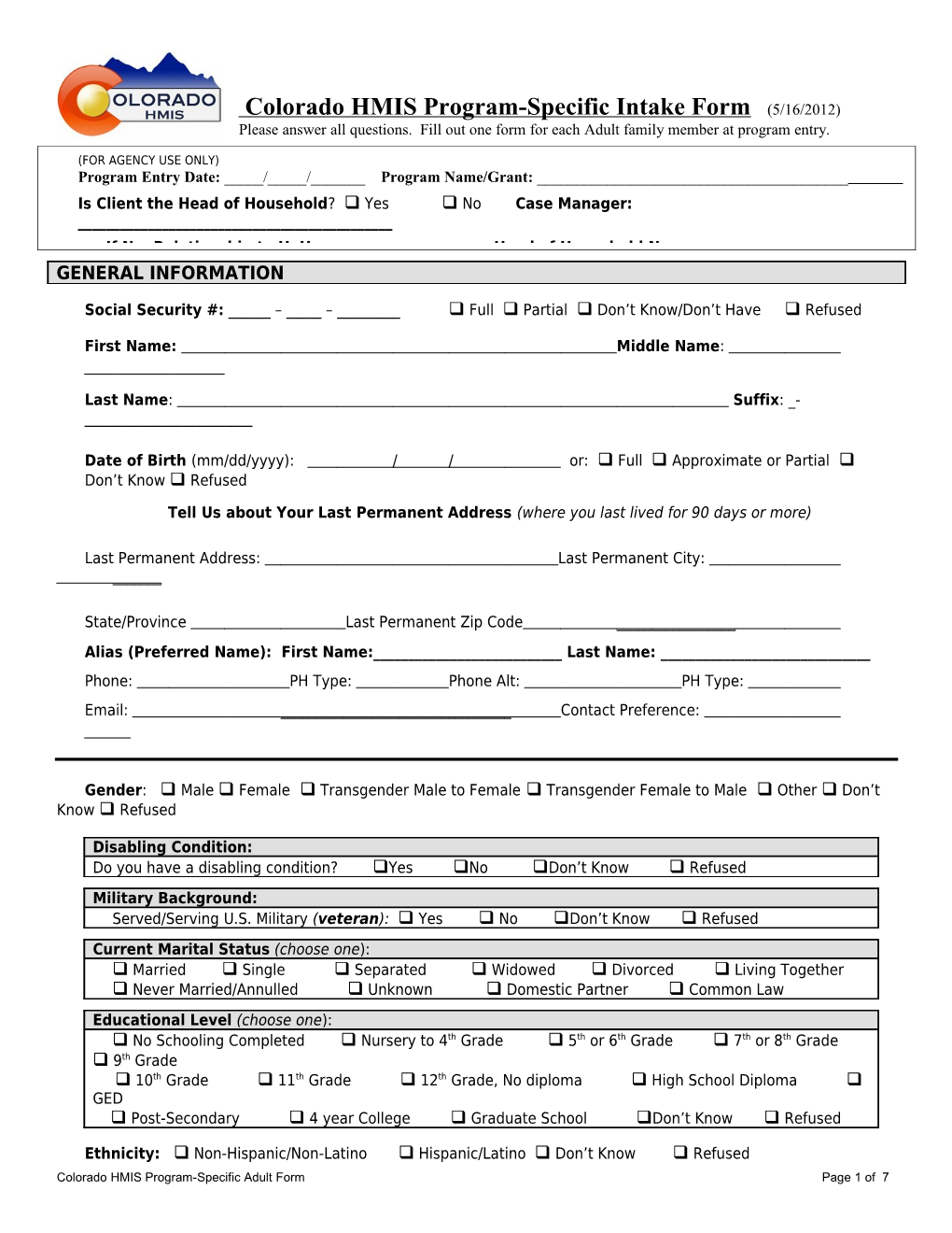Colorado HMIS Program-Specific Intake Form (5/16/2012)