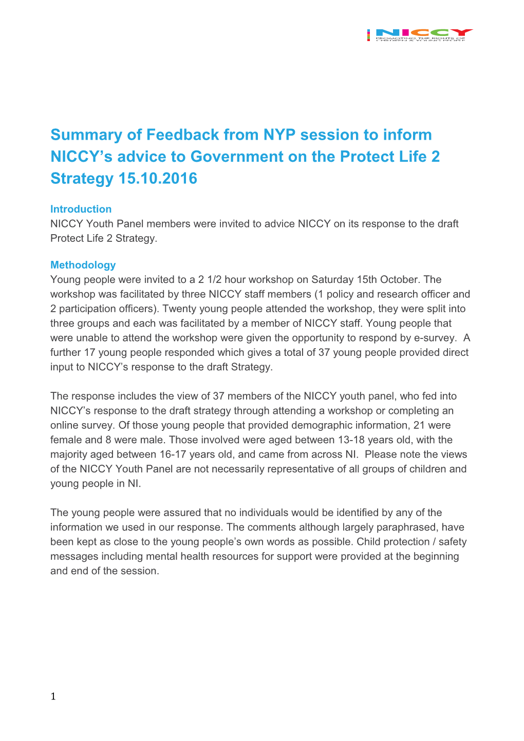 Summary of Feedback from NYP Session to Inform NICCY S Advice to Government on the Protect