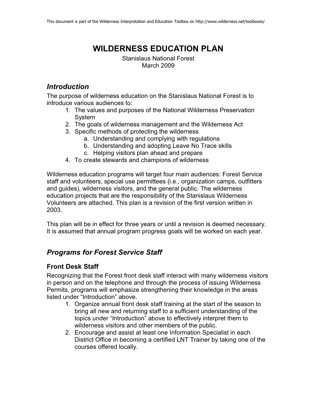Stanislaus National Forest Wilderness Education Plan 2009