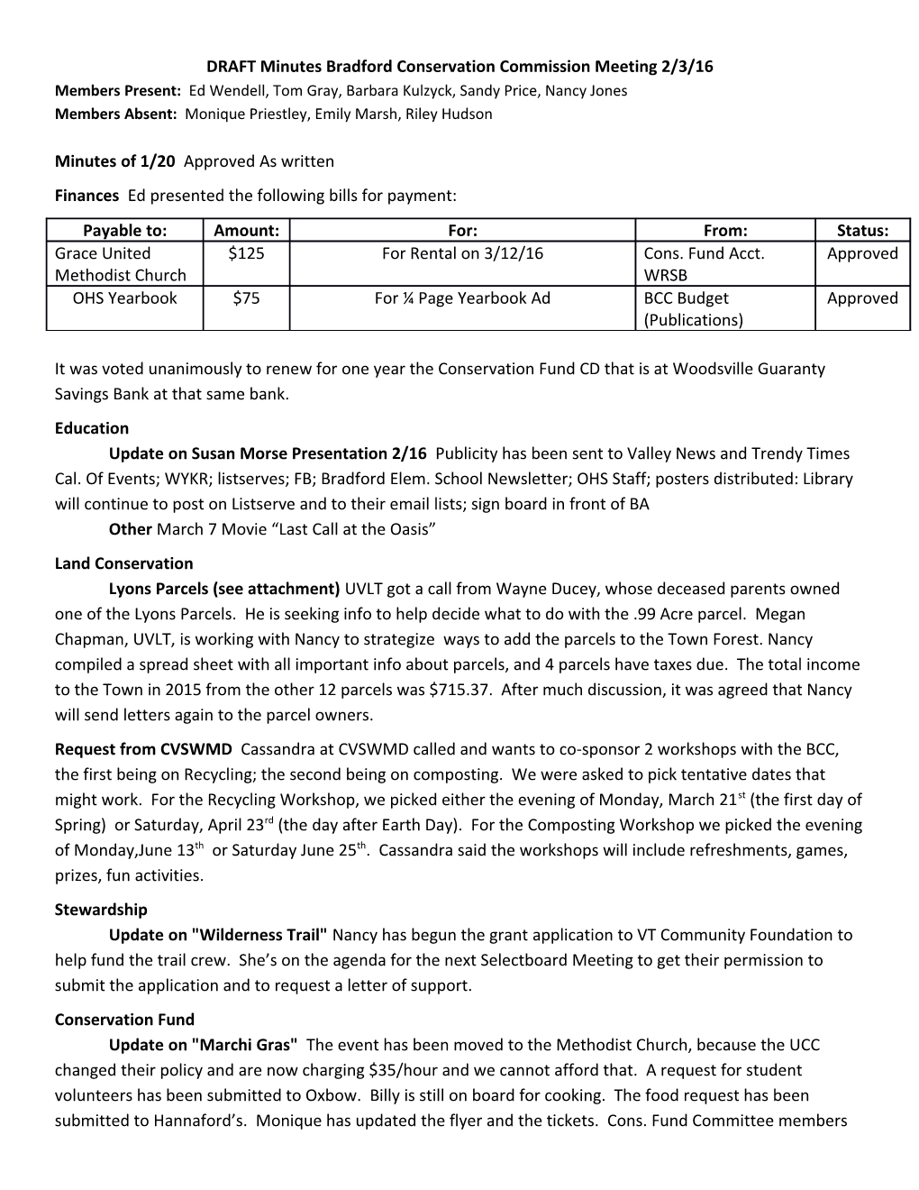 DRAFT Minutes Bradford Conservation Commission Meeting 2/3/16