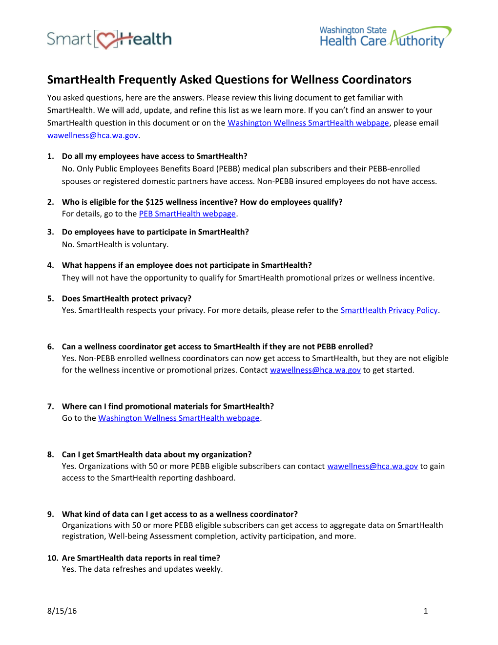 Smarthealth Frequently Asked Questions for Wellness Coordinators