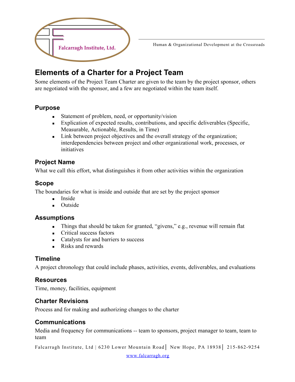 Elements of a Charter for a Project Team