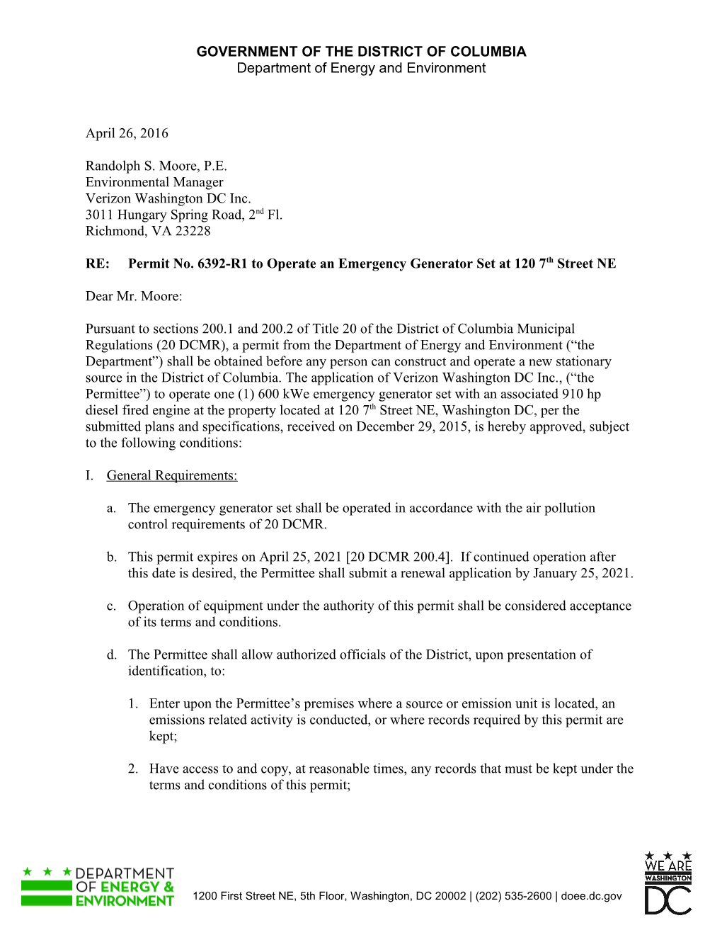 Permit No. 6392-R1 to Operate an Emergency Generator Set at 120 7Th Street NE