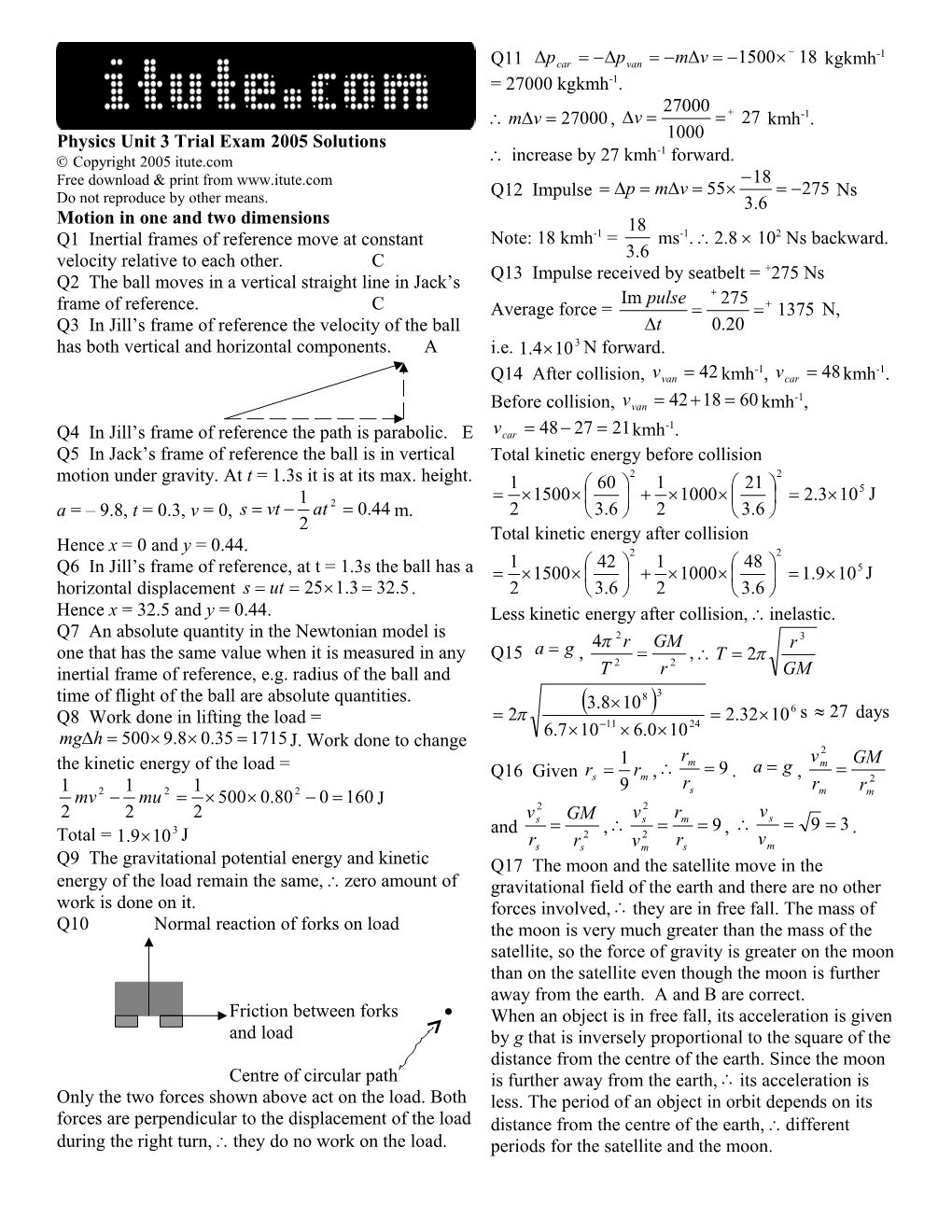 Physics Unit 3 Trial Exam 2005 Solutions