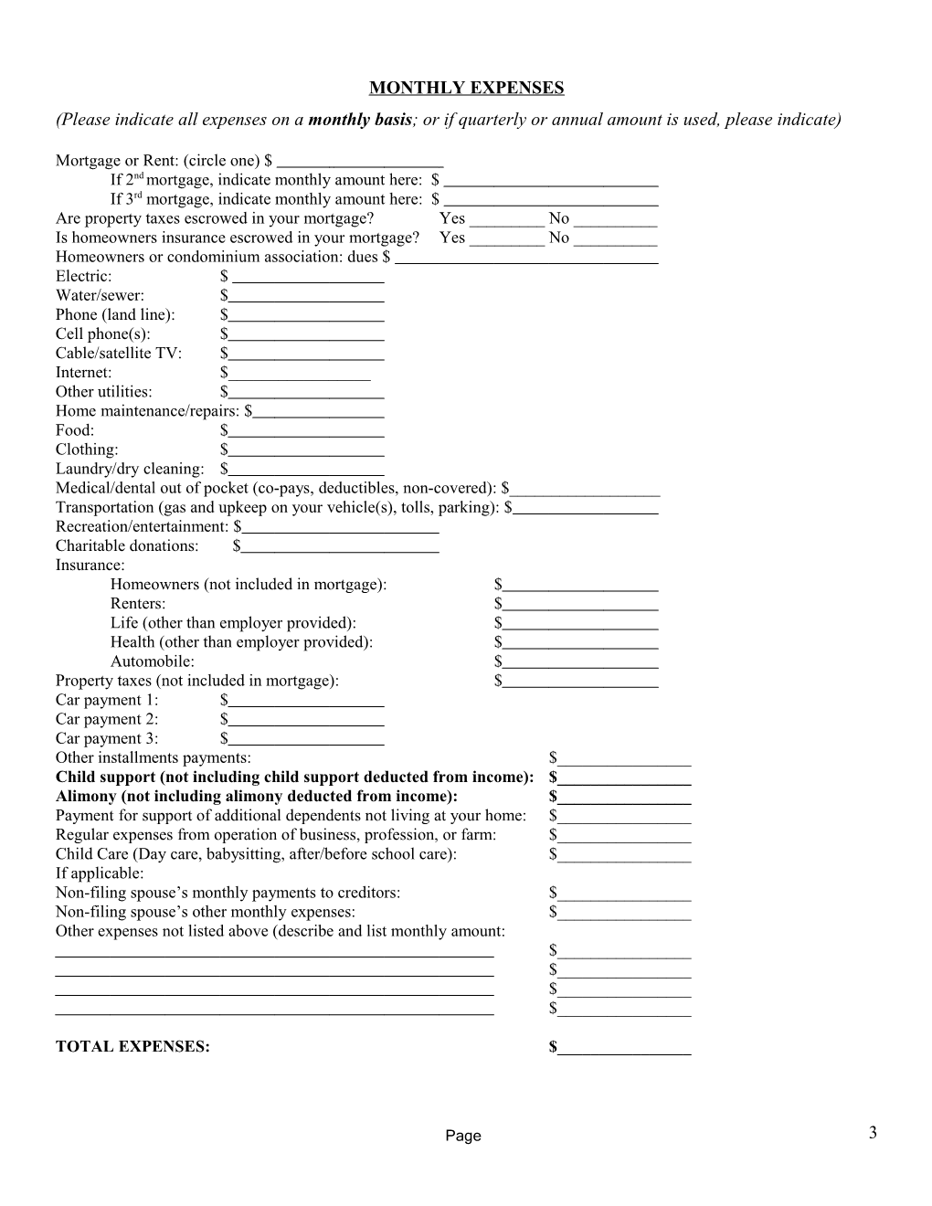 Bankruptcy Intake Questionnaire