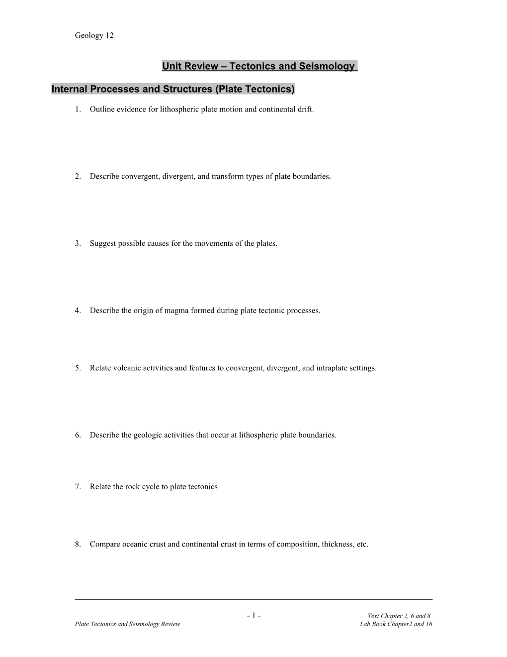 Questions for Section C: Earth Materials (Igneous Rocks and Processes)