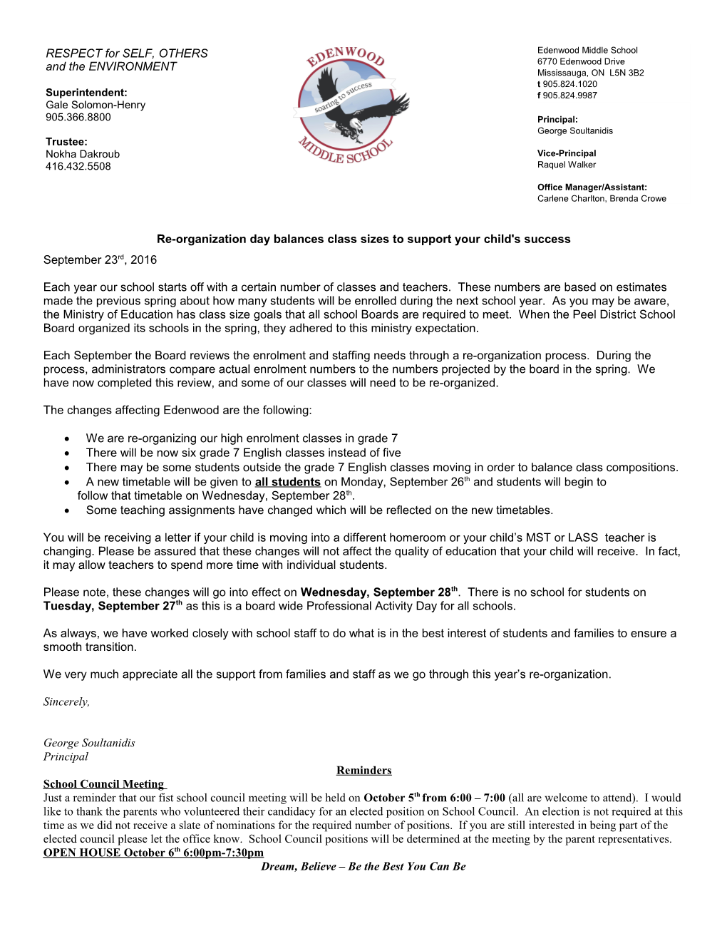Reorganization Day Letter to Parents