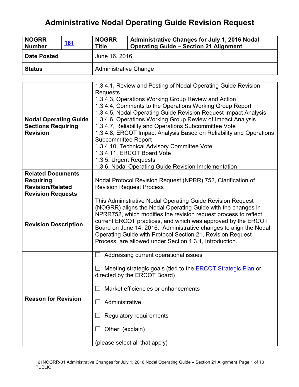 Administrative Nodal Operating Guide Revision Request
