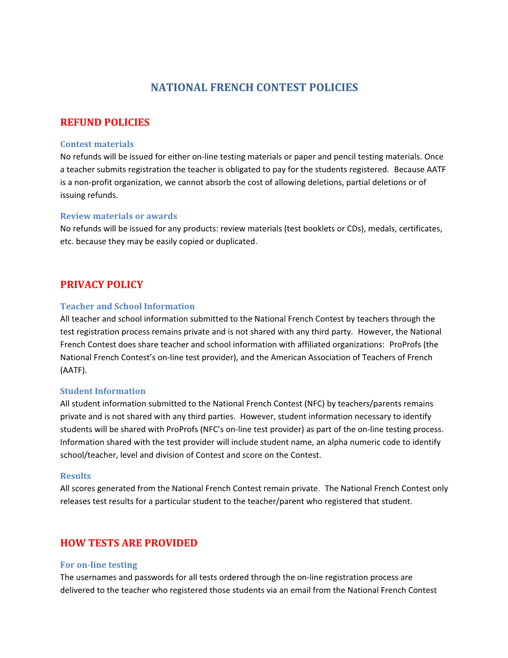 National French Contest Policies