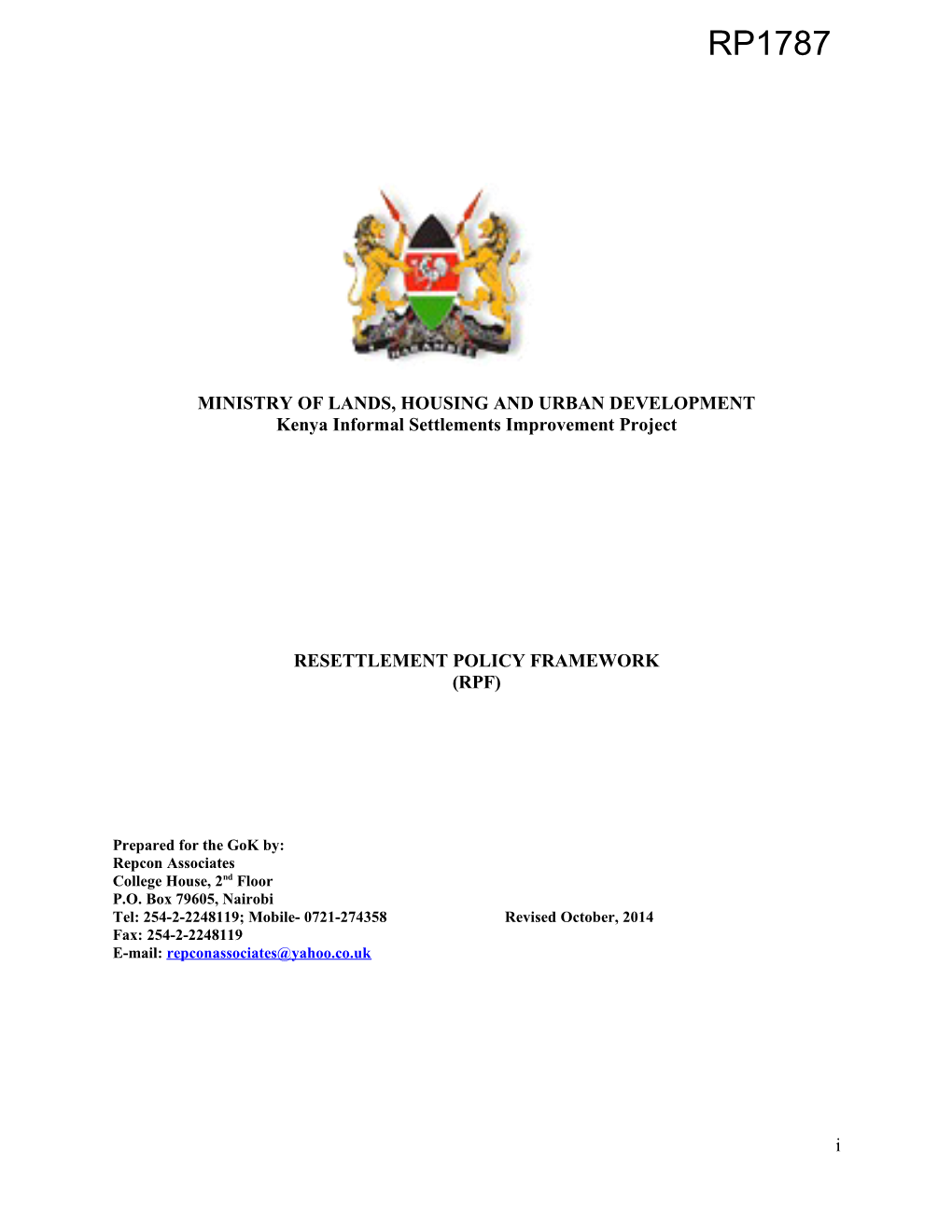 The Kenya Municipal Programme Draft Resettlement Policy Framework