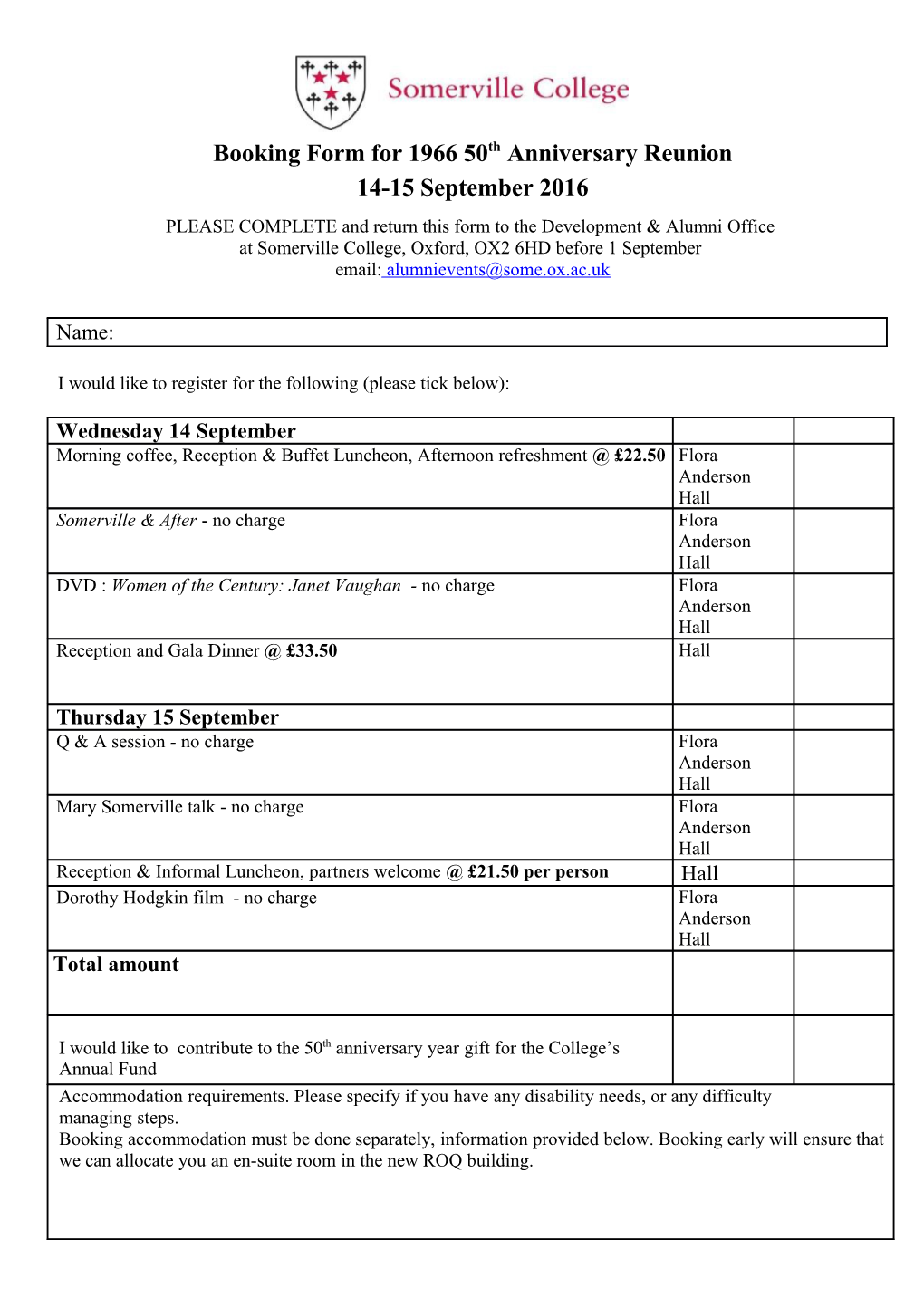 Booking Form for 1966 50Th Anniversary Reunion