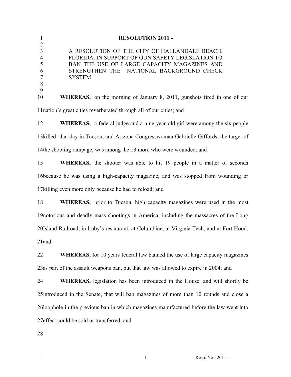 A Resolution of the City of Hallandale Beach, Florida, in Support of Gun Safety Legislation