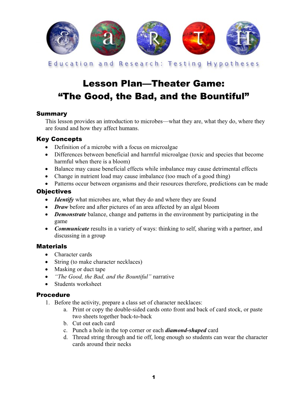 Lesson Plan Theater Game: the Good, the Bad, and the Bountiful