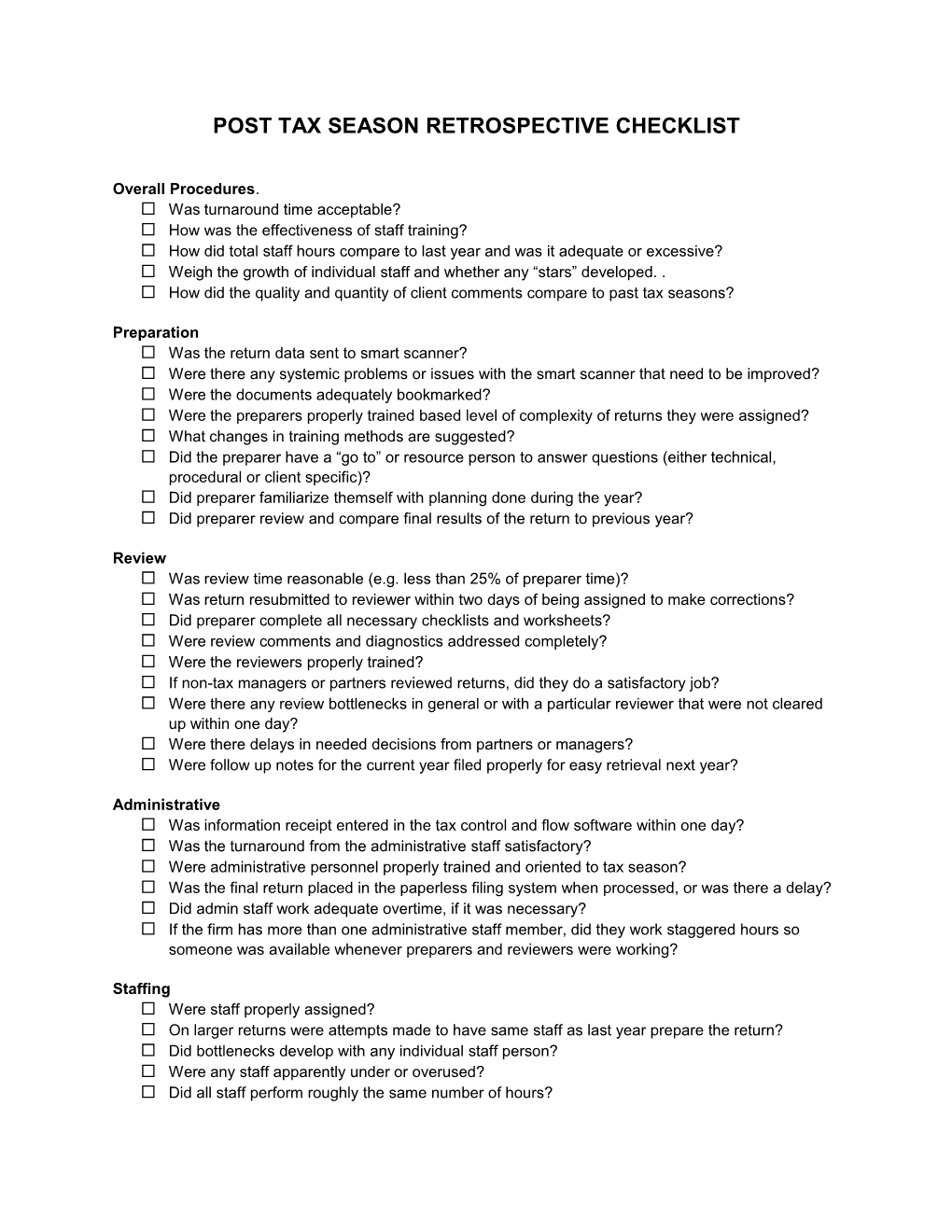 Post Tax Season Retrospective Checklist