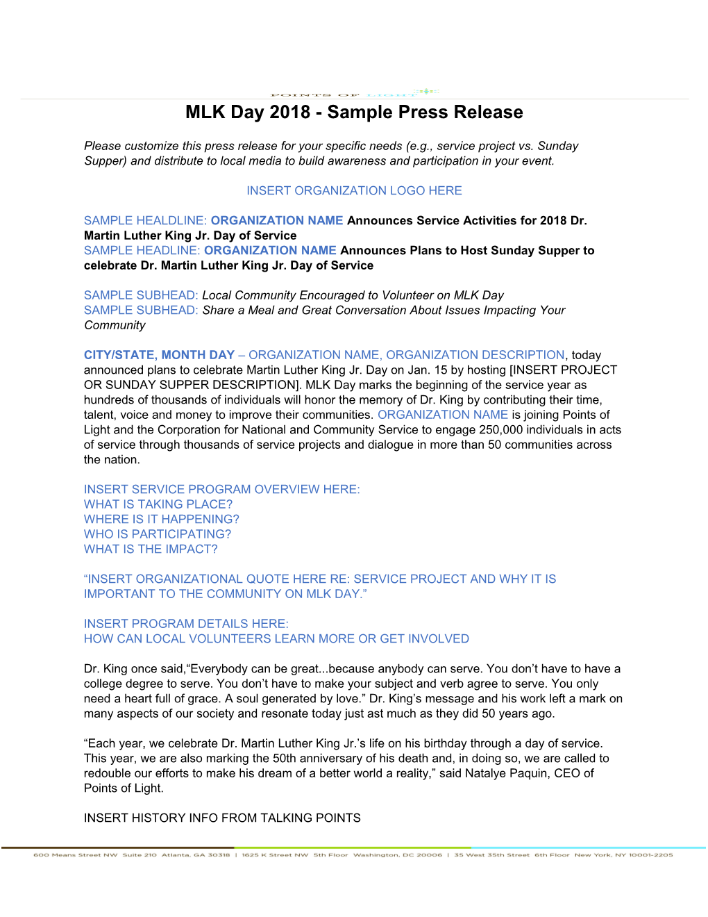 MLK Day 2018- Sample Press Release