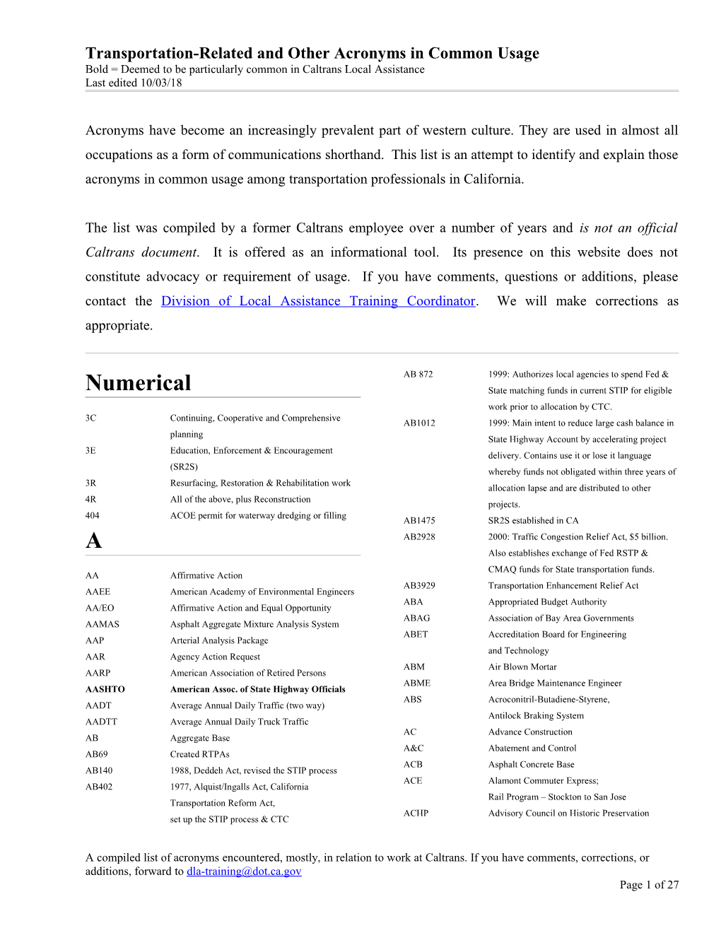 Transportation-Related and Other Acronyms in Common Usage