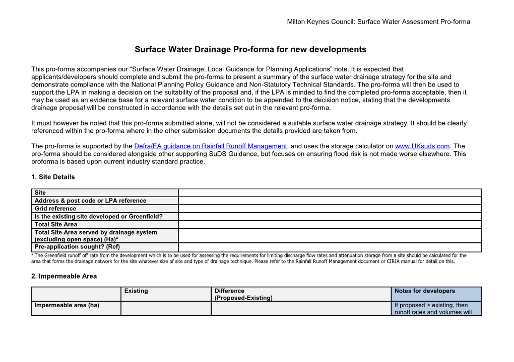 Surface Water Drainage Pro-Forma for New Developments