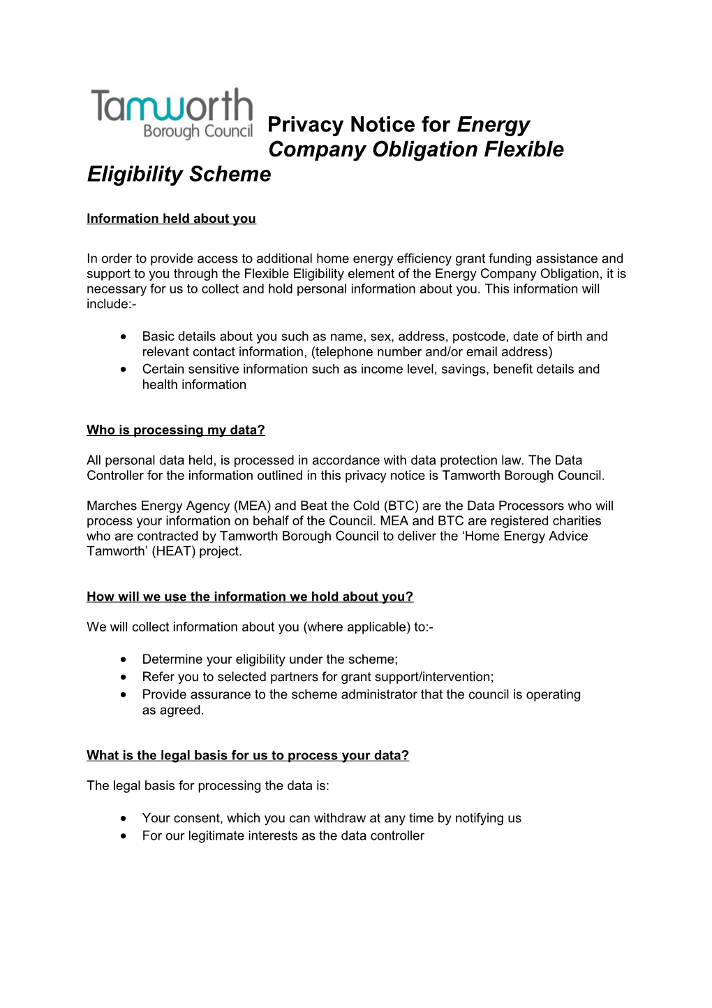 Privacy Notice for Energy Company Obligation Flexible Eligibility Scheme
