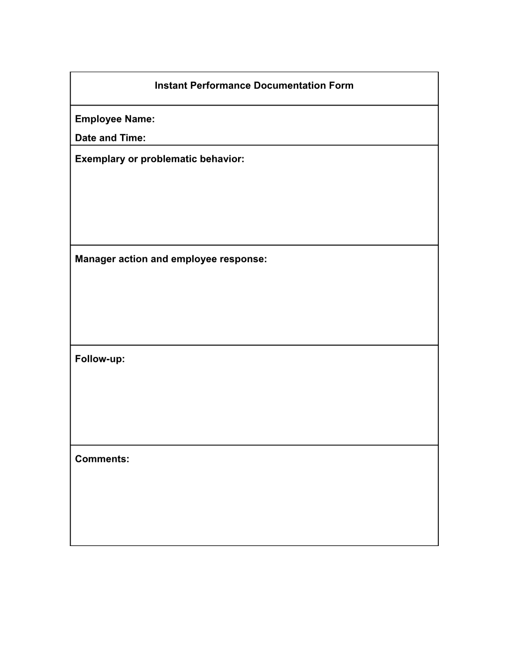 Instant Performance Documentation Form